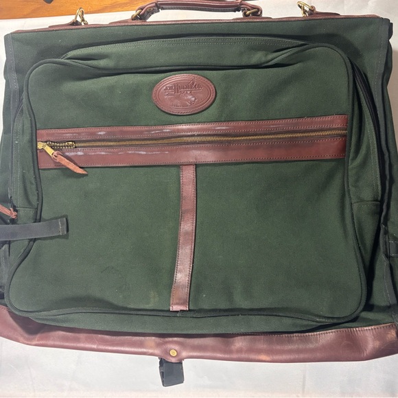 JW Hulme Co. Garment Bag Green Canvas Leather Trim USA Made Travel Luggage